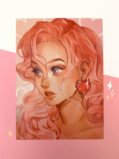 The pink hair girl print is displayed on paper.
