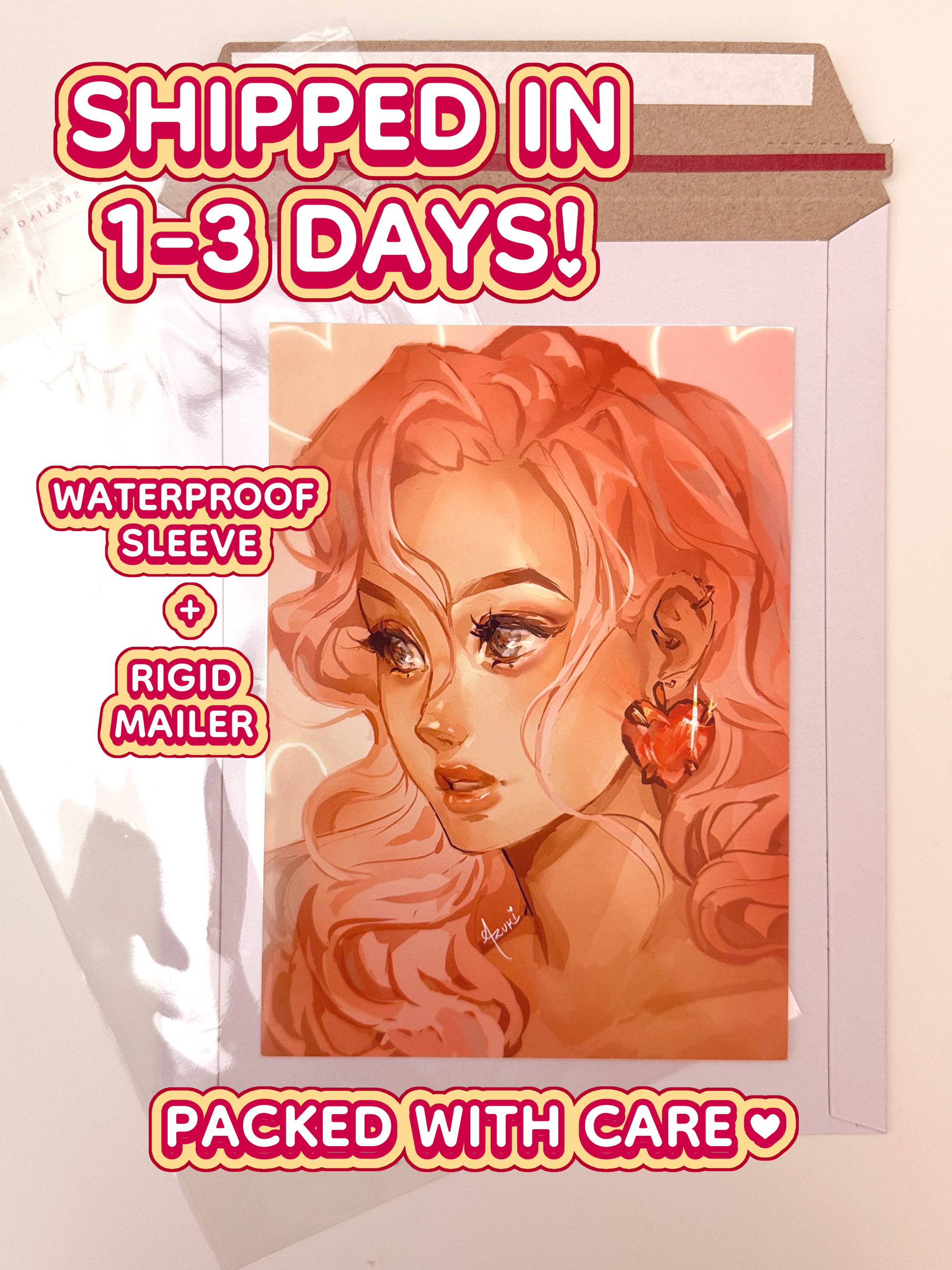 The pink hair girl print ships in 1 to 3 days in a waterproof sleeve and rigid mailer.