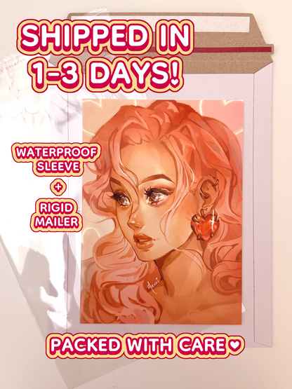 The pink hair girl print ships in 1 to 3 days in a waterproof sleeve and rigid mailer.