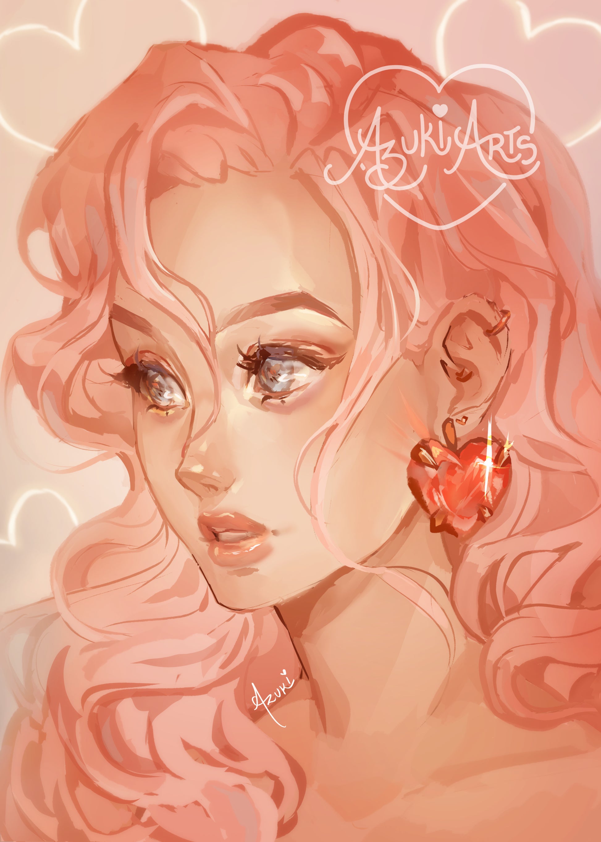 Art print of a dreamy girl in soft rose tones, with pink curly hair framing her face, a sparkling red heart earring, and glowing heart accents floating behind her.