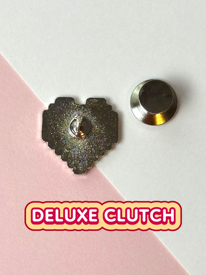 The pixel heart pin has one deluxe clutch