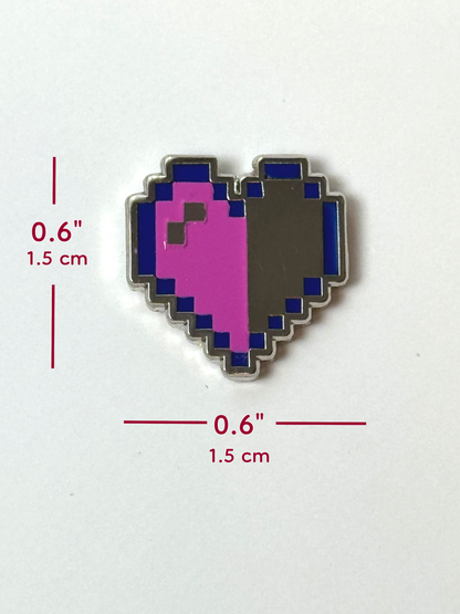 The pixel heart pin measures 0.6 inches tall and 0.6 inches wide.