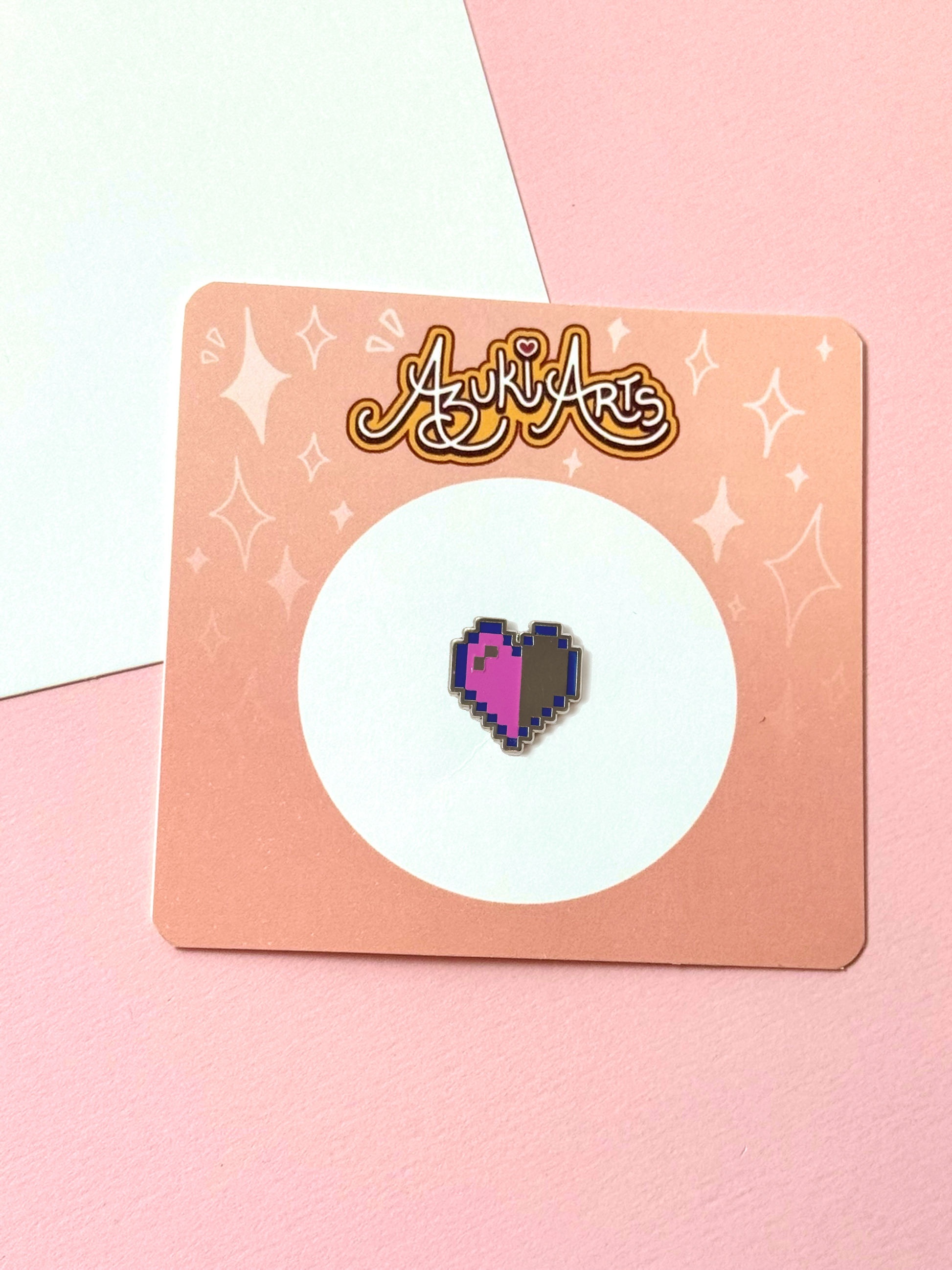 The pixel heart displayed with the backing card.