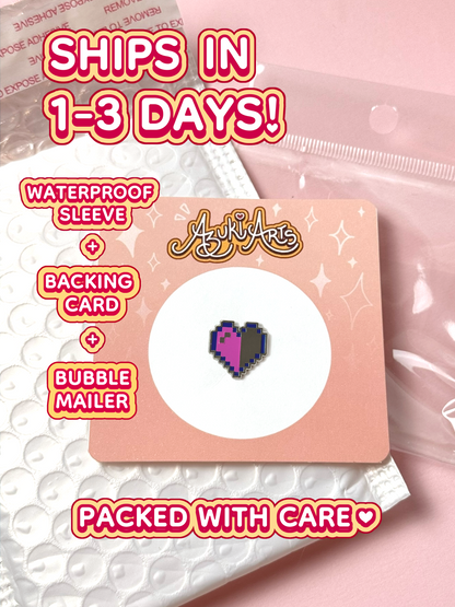 The pixel heart pin ships in 1 to 3 days in a waterproof sleeve, backing card, and bubble mailer.