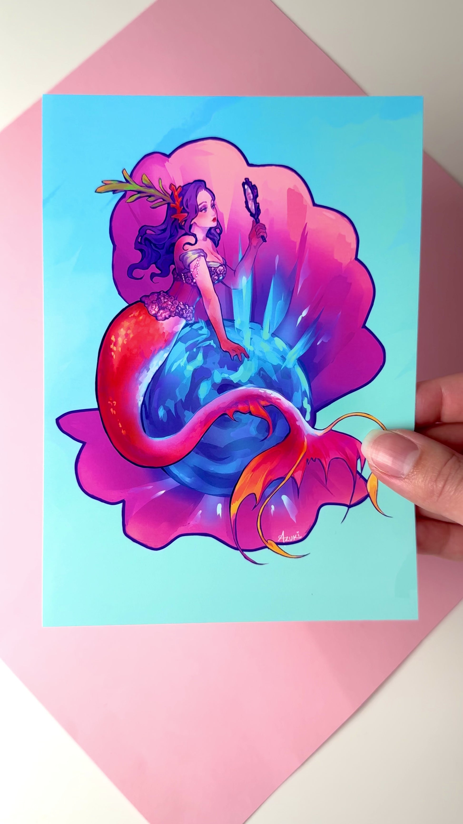 This video highlights the mirror mermaid print in different lighting.