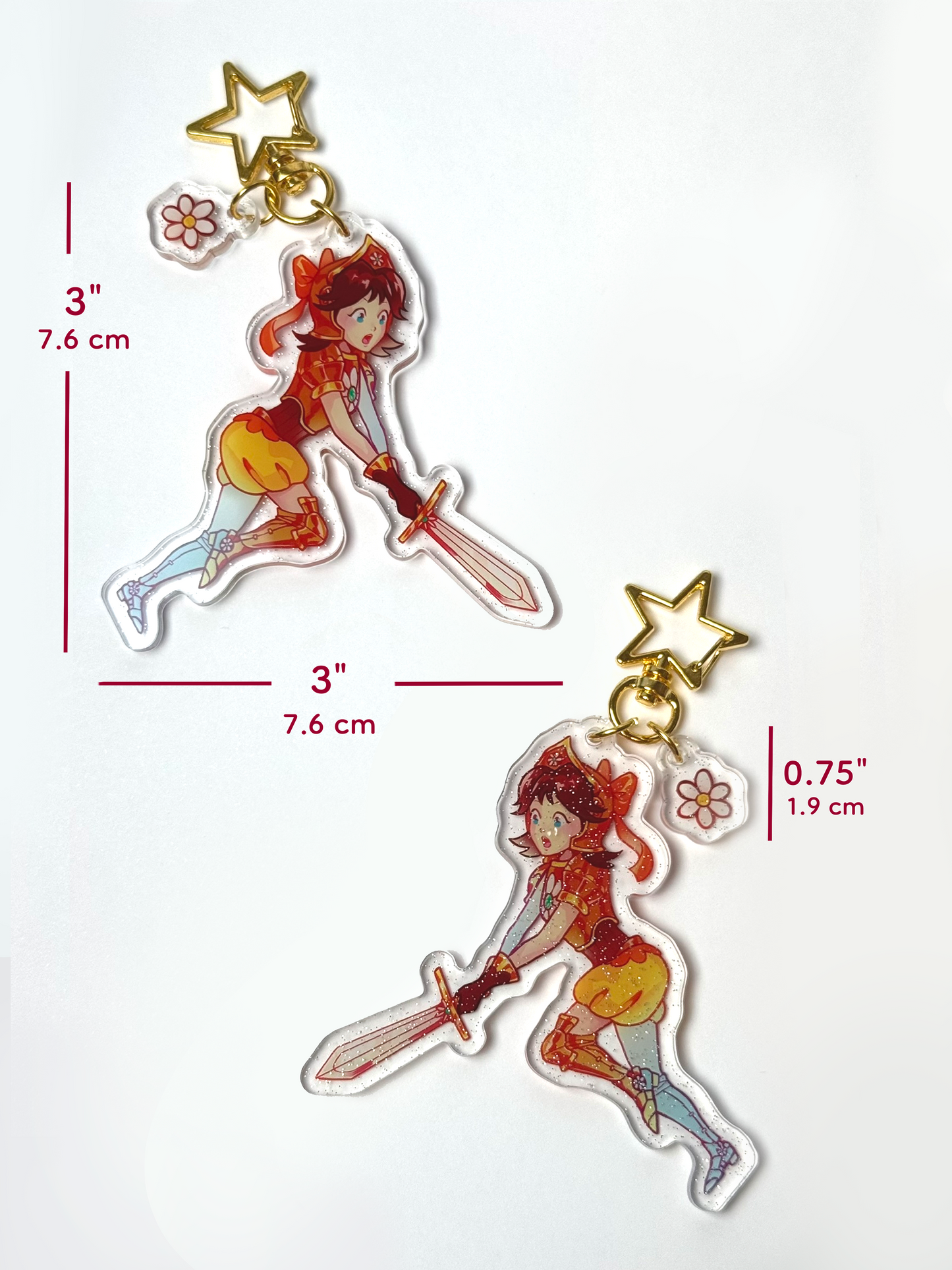 The Princess Daisy keychain is 3 inches tall and 3 inches wide. The flower clasp is 0.75 inches tall.