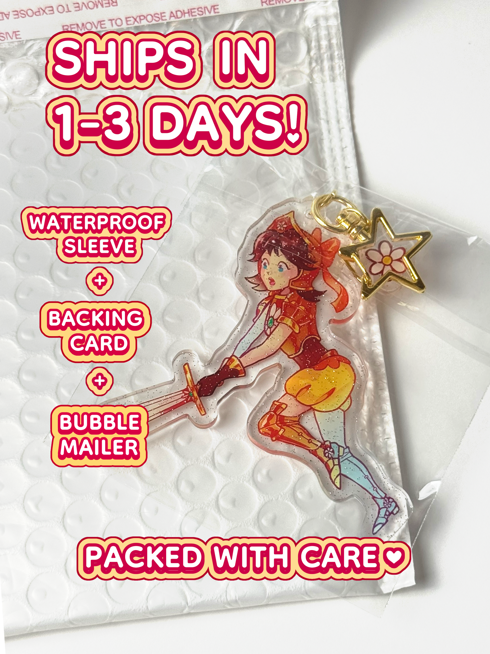 The Princess Daisy keychain ships in 1 to 3 days in a waterproof sleeve, backing card, and bubble mailer.