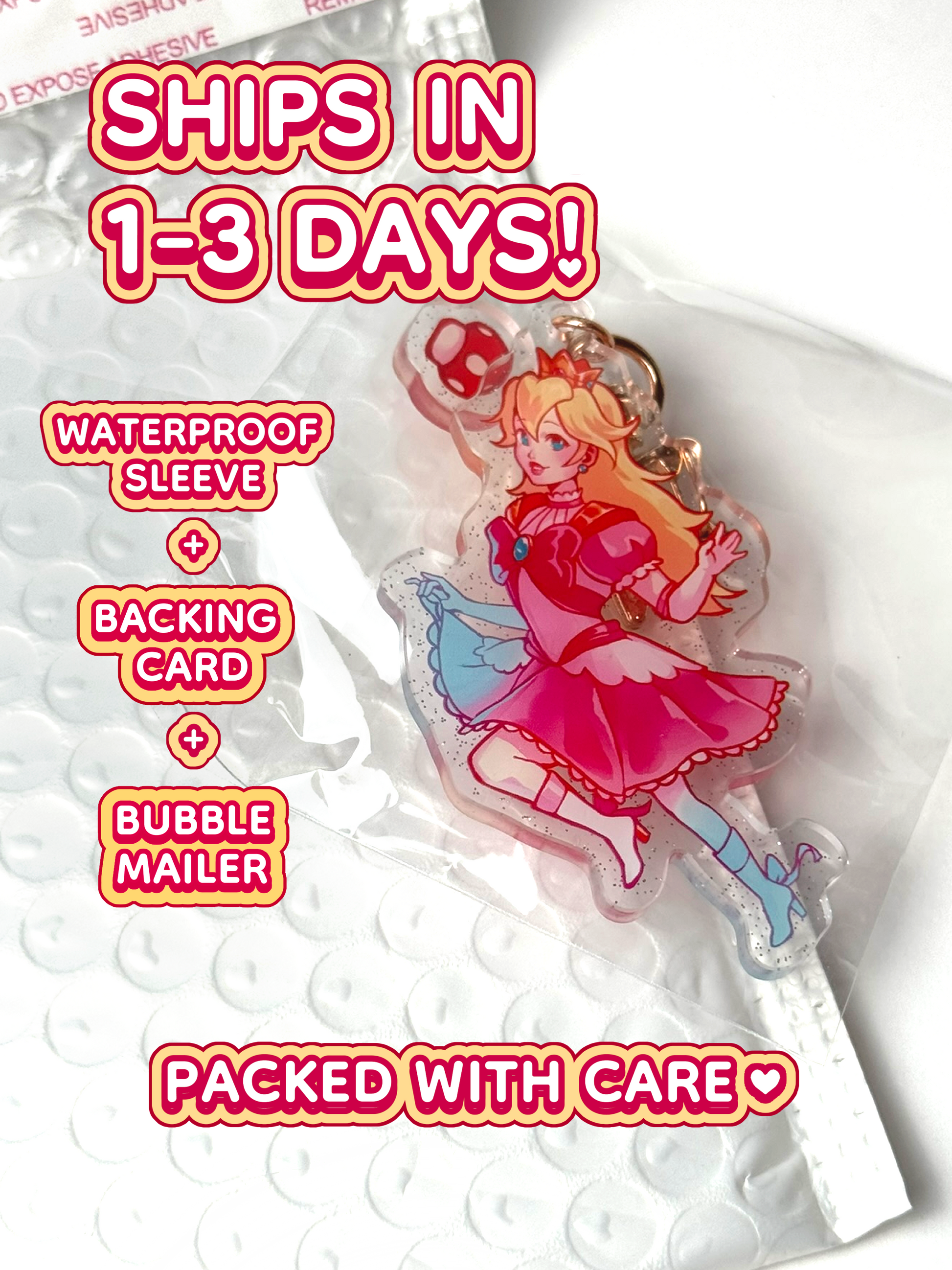 The Princess Peach keychain ships in 1 to 3 days in a waterproof sleeve, backing card, and bubble mailer.