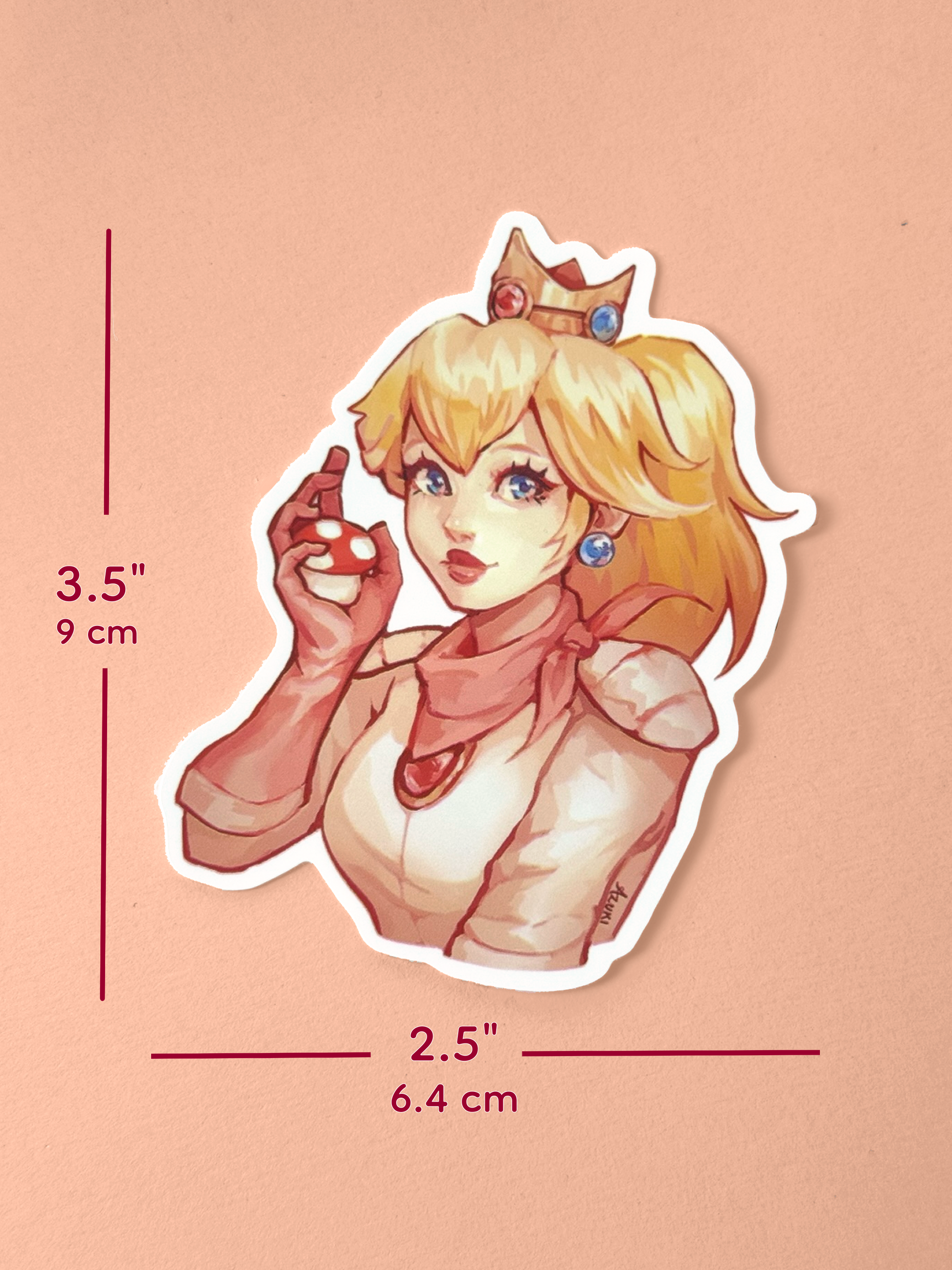 The Princess Peach sticker measures 3.5 inches tall and 2.5 inches wide.
