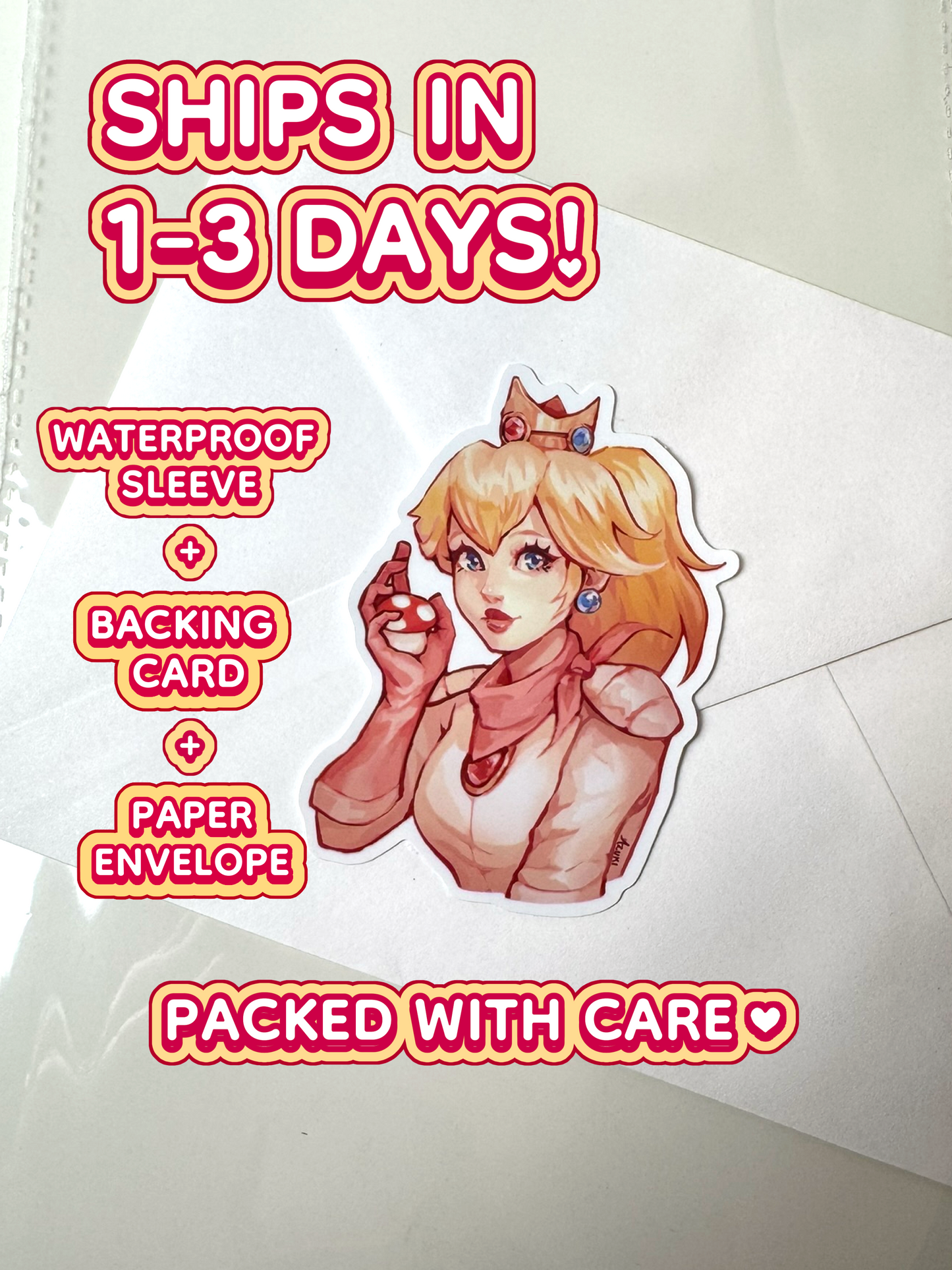 The Princess Peach sticker ships in 1 to 3 days in a waterproof sleeve, backing card, and paper envelope.