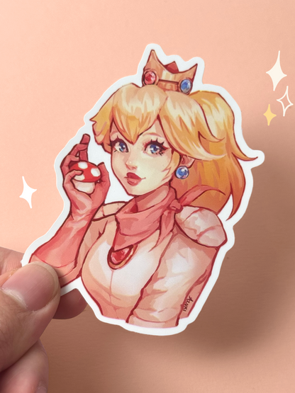 Die-cut vinyl sticker of Princess Peach from Super Mario, with blonde hair tied back, a small jeweled crown, pink gloves and dress, sapphire earrings, holding a small red Super Mushroom, held between fingers against a peach background.
