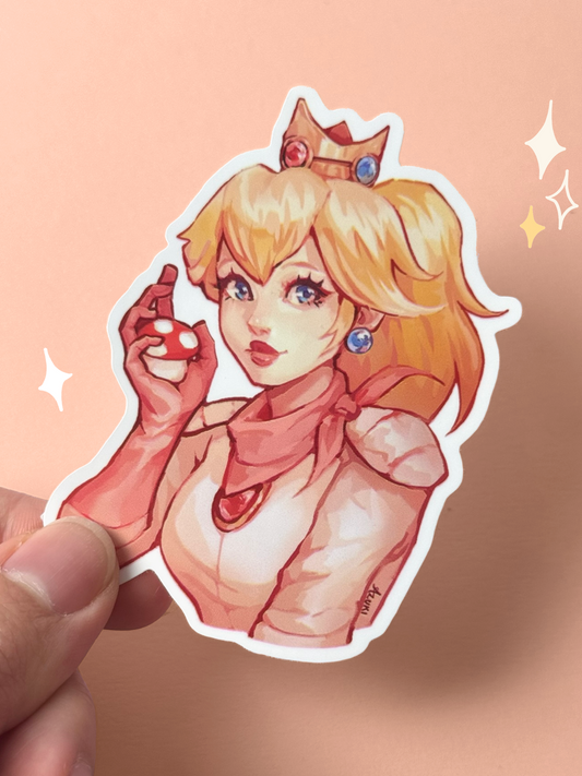 Die-cut vinyl sticker of Princess Peach from Super Mario, with blonde hair tied back, a small jeweled crown, pink gloves and dress, sapphire earrings, holding a small red Super Mushroom, held between fingers against a peach background.