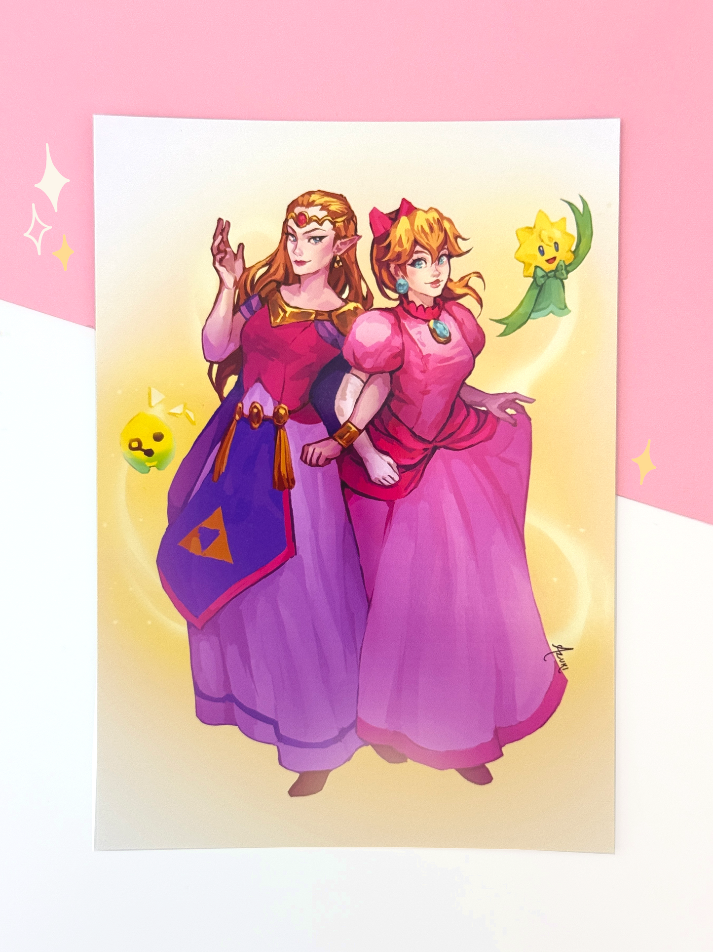 The Princess Peach and Zelda print displayed on paper.