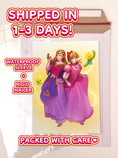 The Princess Peach and Zelda print ships in 1 to 3 days in a waterproof sleeve and rigid mailer.