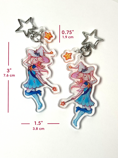 The Princess Rosalina keychain measures 3 inches tall and 1.5 inches wide. The star clasp measures 0.75 inches tall.