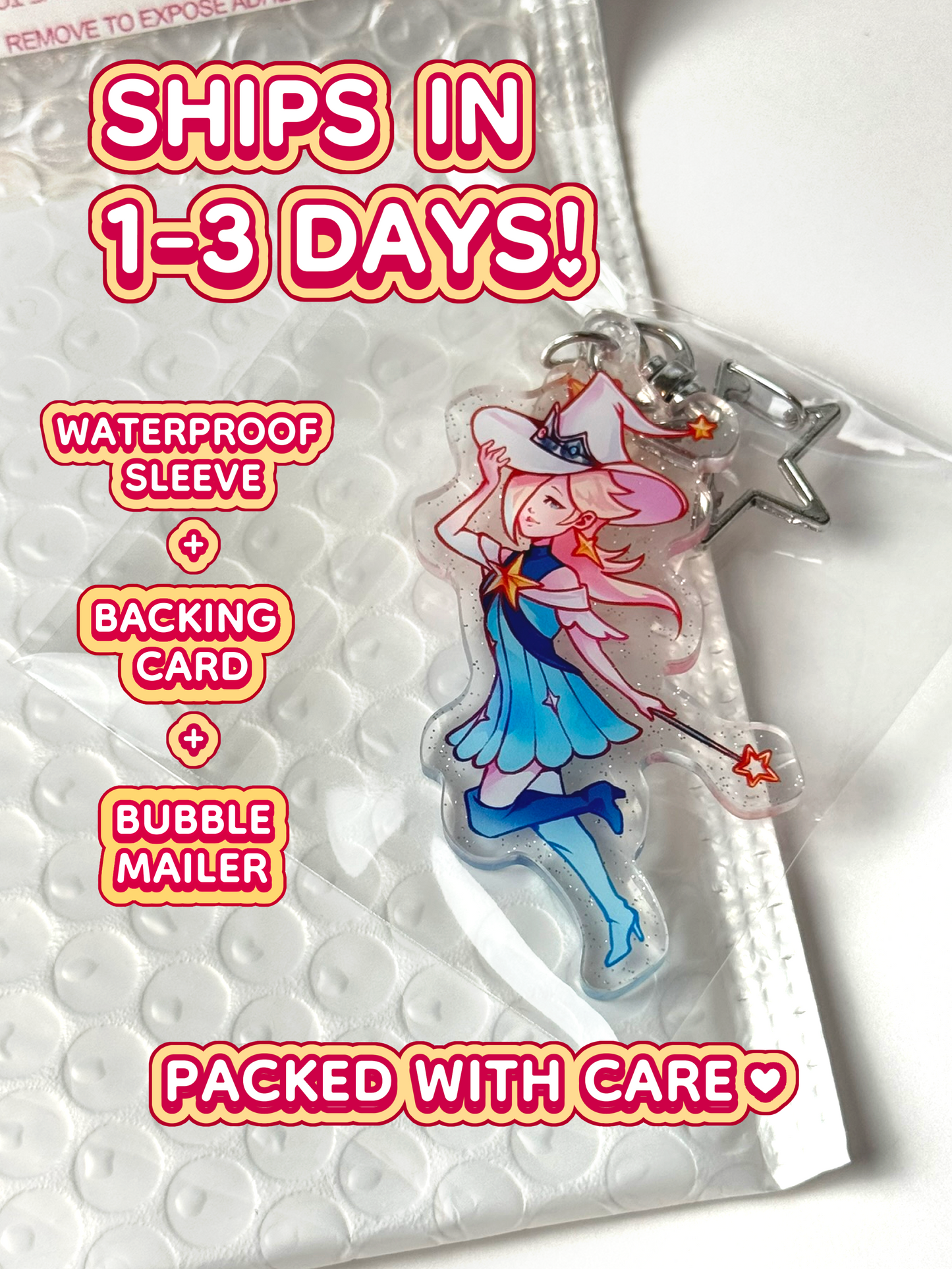 The Princess Rosalina keychain ships in 1 to 3 days in a waterproof sleeve, backing card, and bubble mailer.