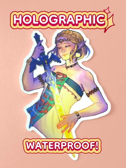 The Zelda with Master Sword sticker is holographic and waterproof.