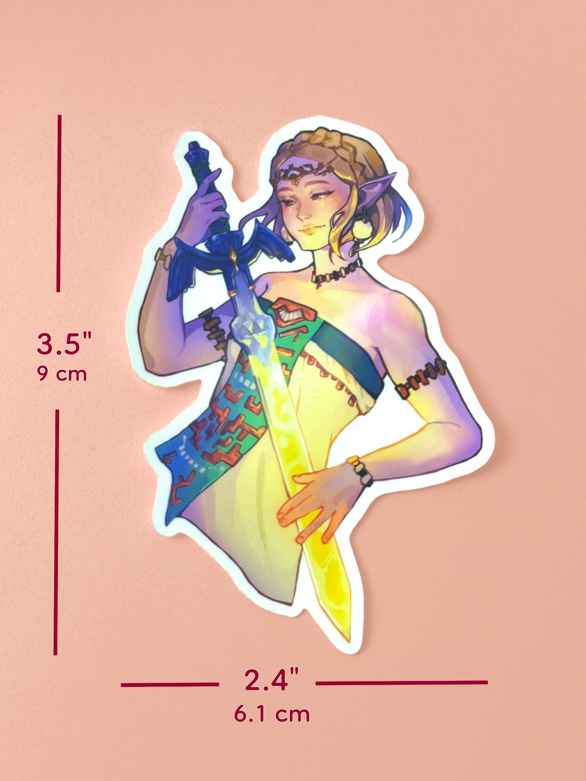 The Zelda with Master Sword sticker is 3.5 inches tall and 2.4 inches wide.