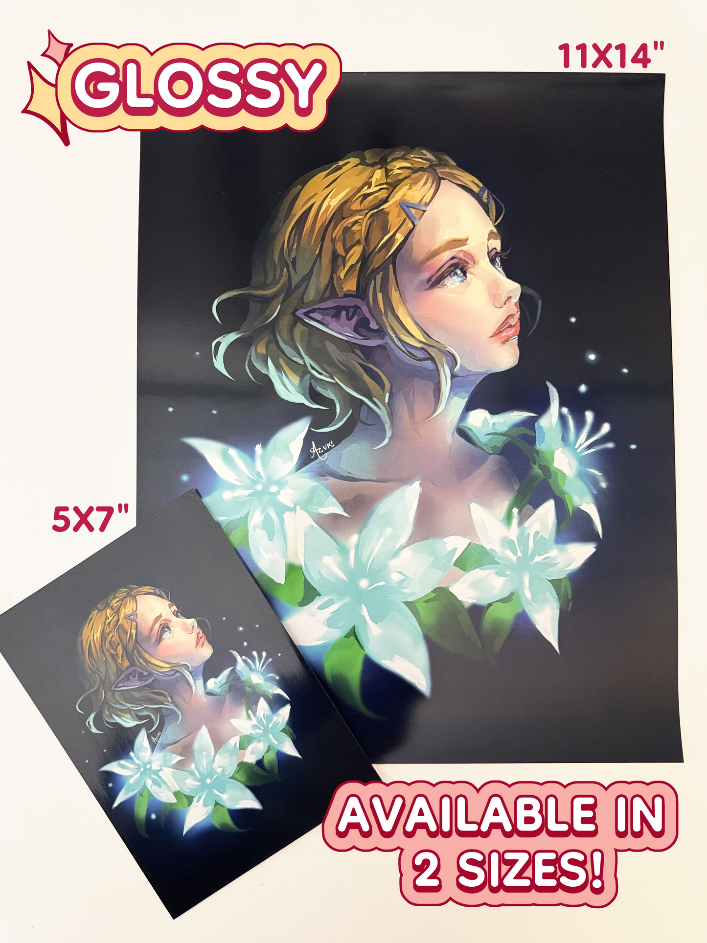 The Princess Zelda print is available in 11 inches by 14 inches, and 5 inches by 7 inches. The print is on glossy paper.