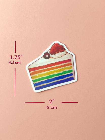 The rainbow cake sticker measures 1.75 inches tall and 2 inches wide.