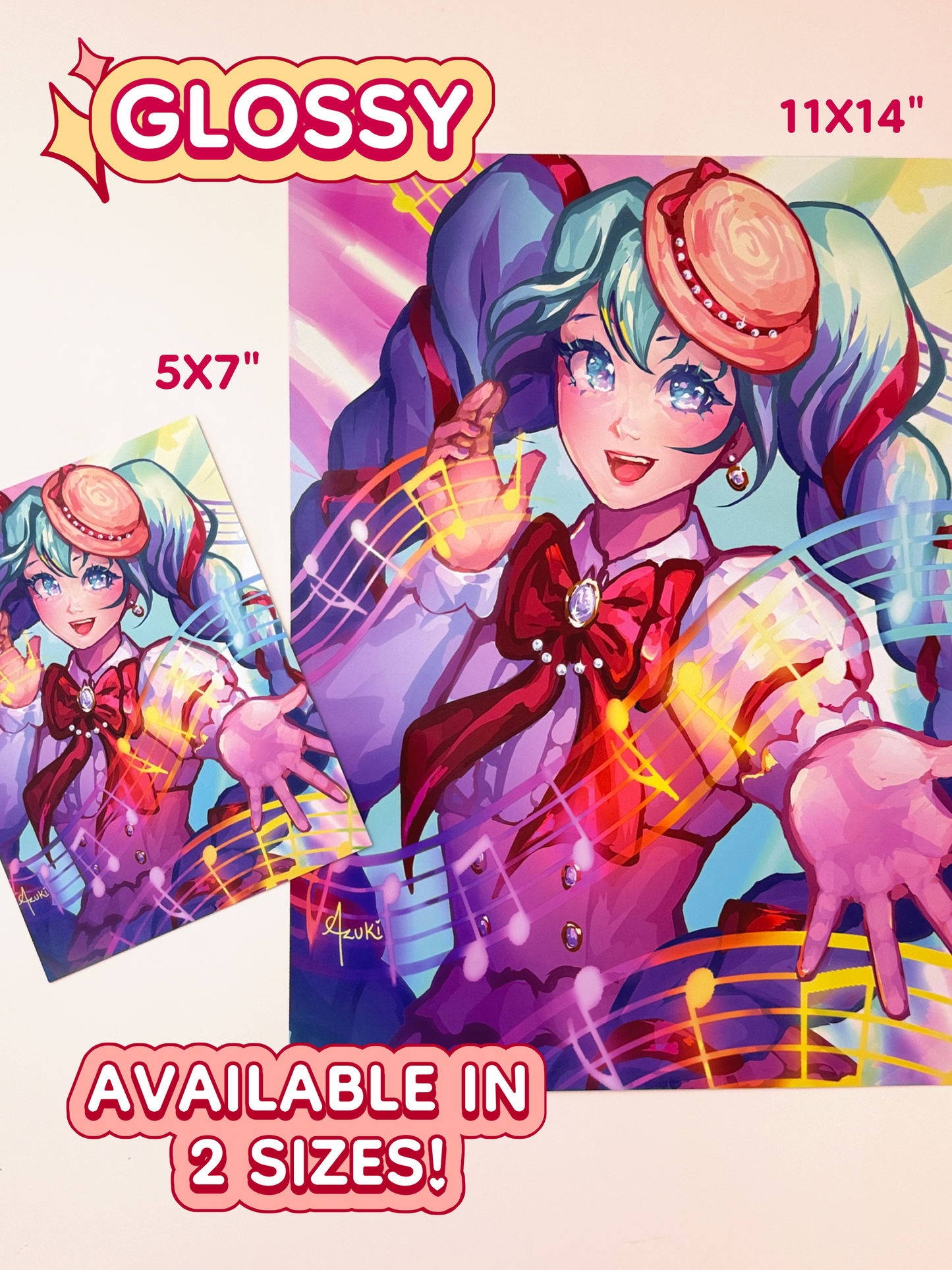 The Rainbow Miku print is available in 11 inches by 14 inches, and 5 inches by 7 inches. The print is on glossy paper.