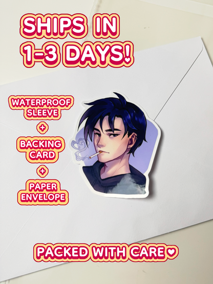 The Sebastian sticker ships in 1 to 3 days in a waterproof sleeve, backing card, and paper envelope.