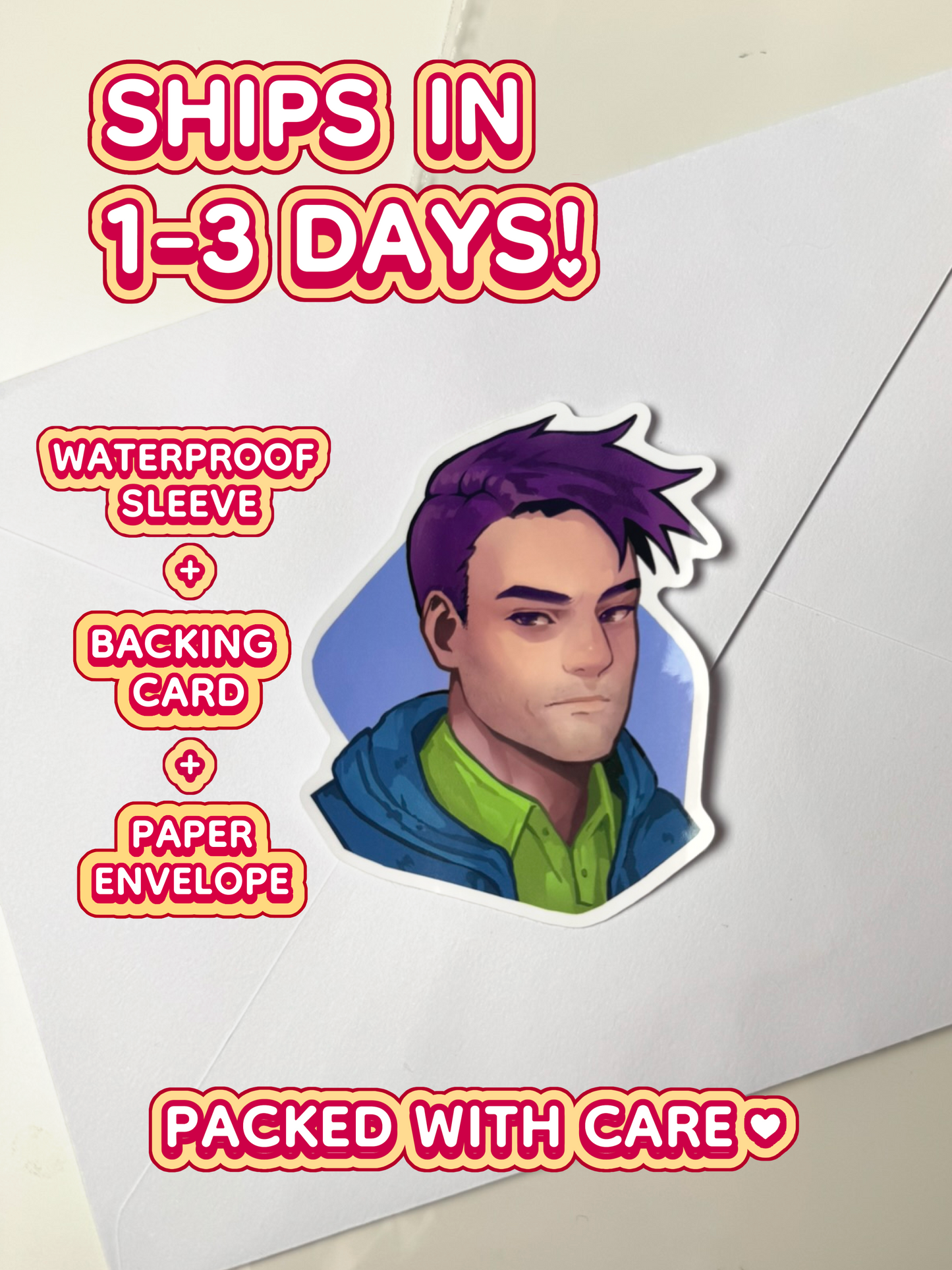 The Shane sticker ships in 1 to 3 days in a waterproof sleeve, backing card, and paper envelope.