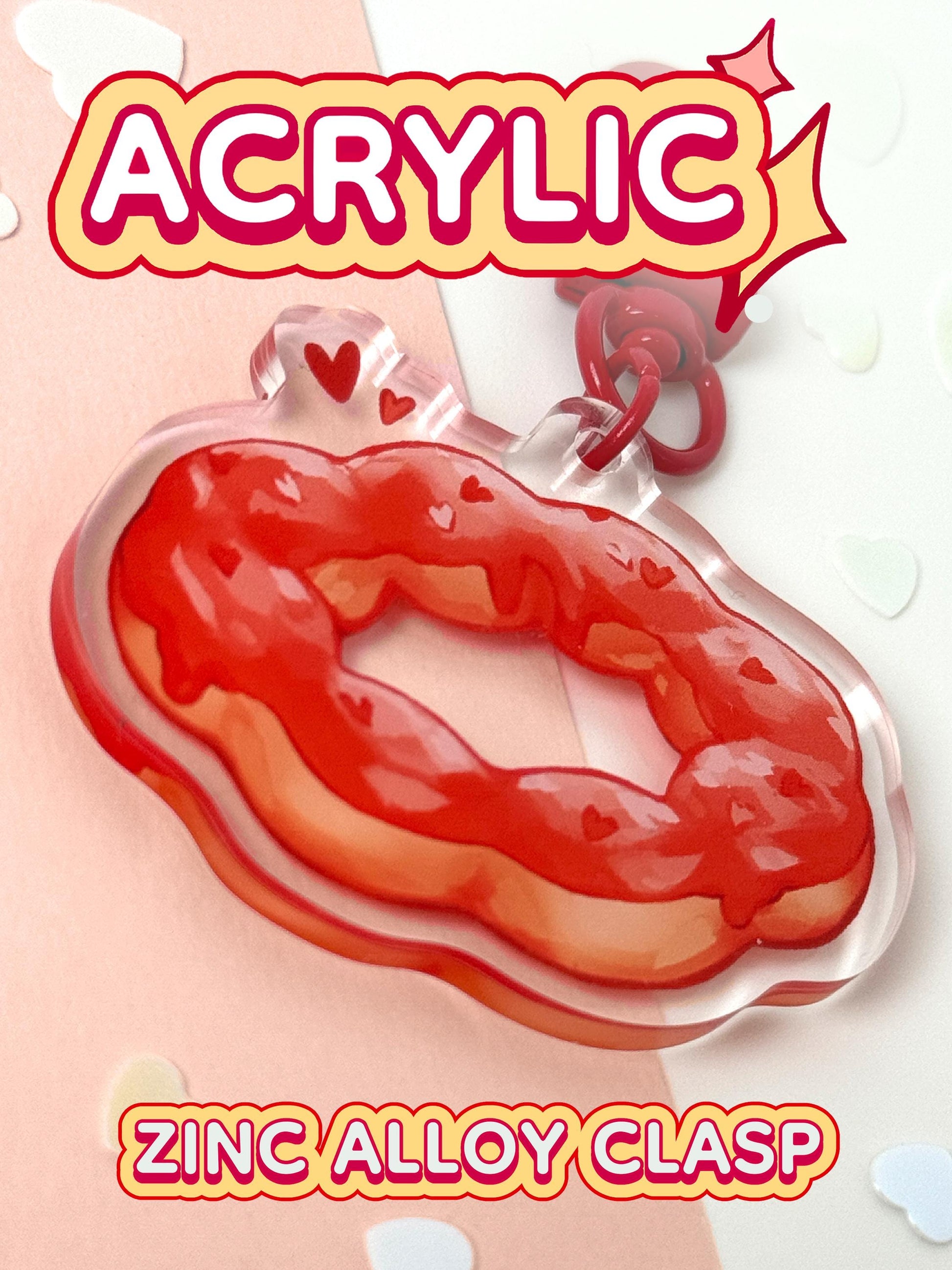 The strawberry mochi donut keychain is acrylic with a zinc alloy clasp.