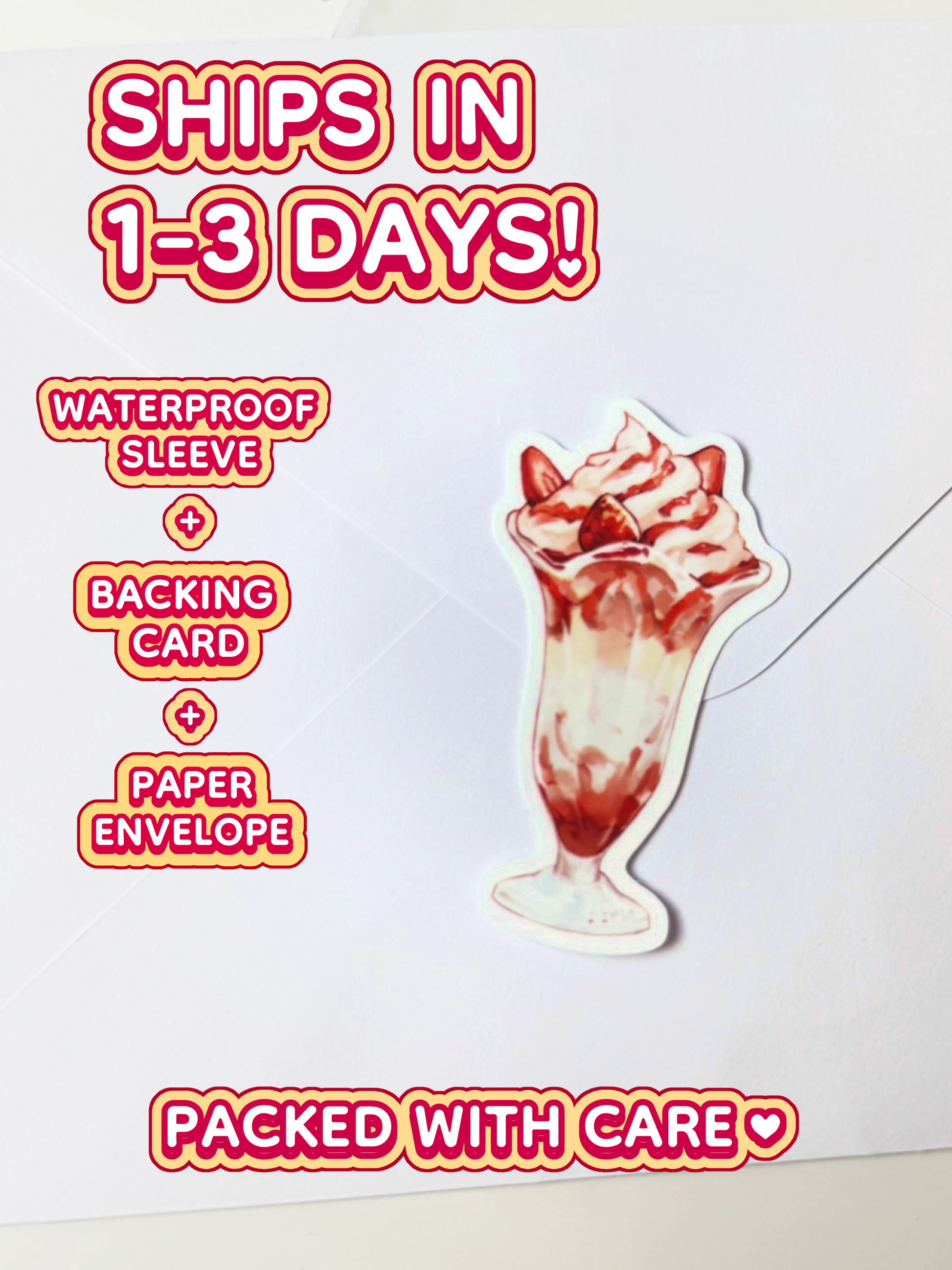 The parfait sticker ships in 1 to 3 days in a waterproof sleeve, backing card, and paper envelope.