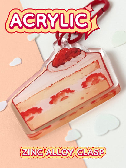 The strawberry shortcake keychain is acrylic with a zinc alloy clasp.