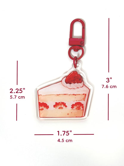The strawberry shortcake keychain measures 2.25 inches tall and 1.75 inches wide. With the clasp it measures 3 inches tall.