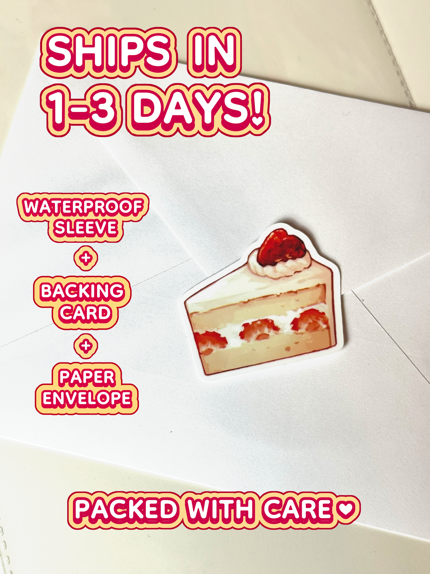 The strawberry shortcake sticker ships in 1 to 3 days in a waterproof sleeve, backing card, and paper envelope.