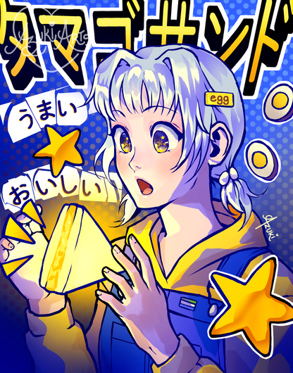 Art print of an anime girl with silver hair and star-filled eyes holding a Japanese tamago sando egg sandwich, surrounded by bold katakana lettering, pop-art stars, and egg motifs on a blue polka-dot background.