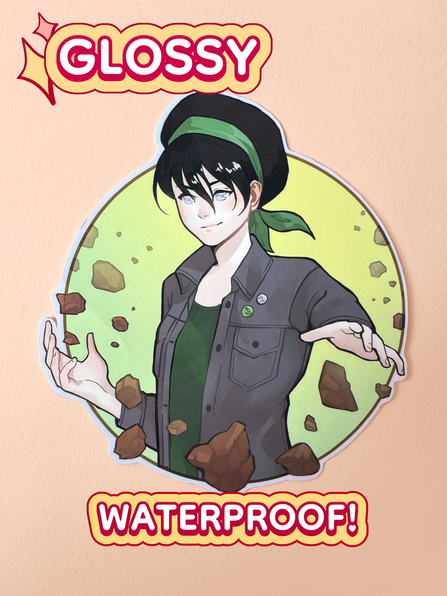 The Toph sticker is glossy and waterproof.