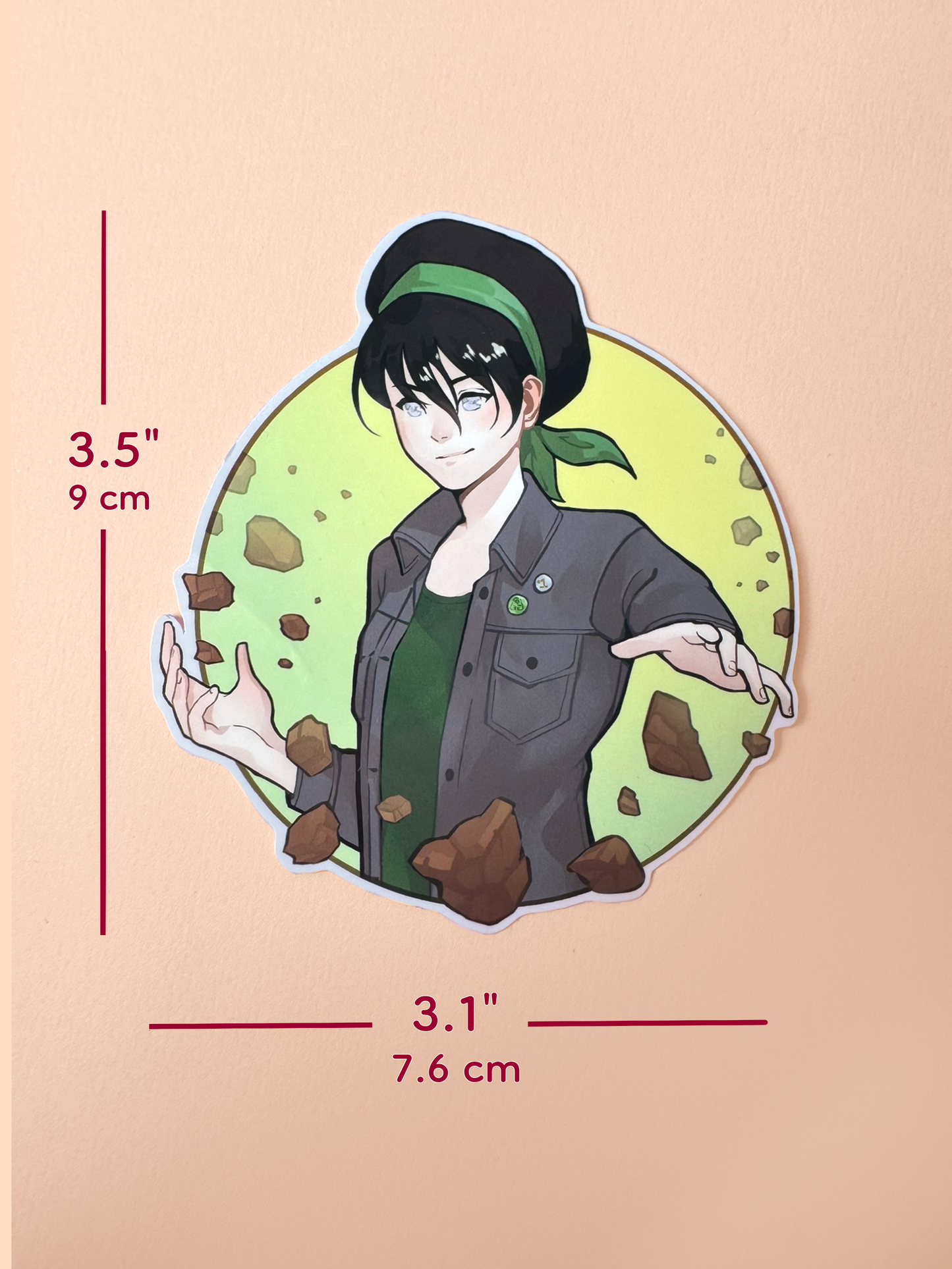 The Toph sticker measure 3.5 inches tall and 3.1 inches wide.