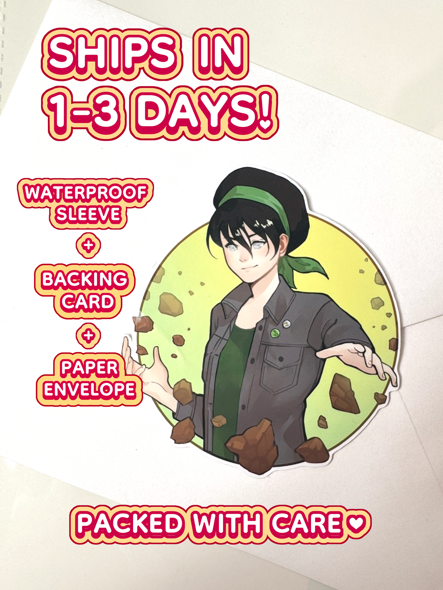 The Toph sticker ships in 1 to 3 days in a waterproof sleeve, backing card, and paper envelope.