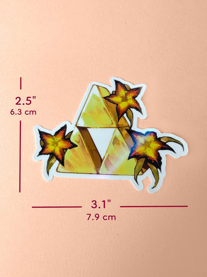 The Triforce sticker measures 2.5 inches tall and 3.1 inches wide.