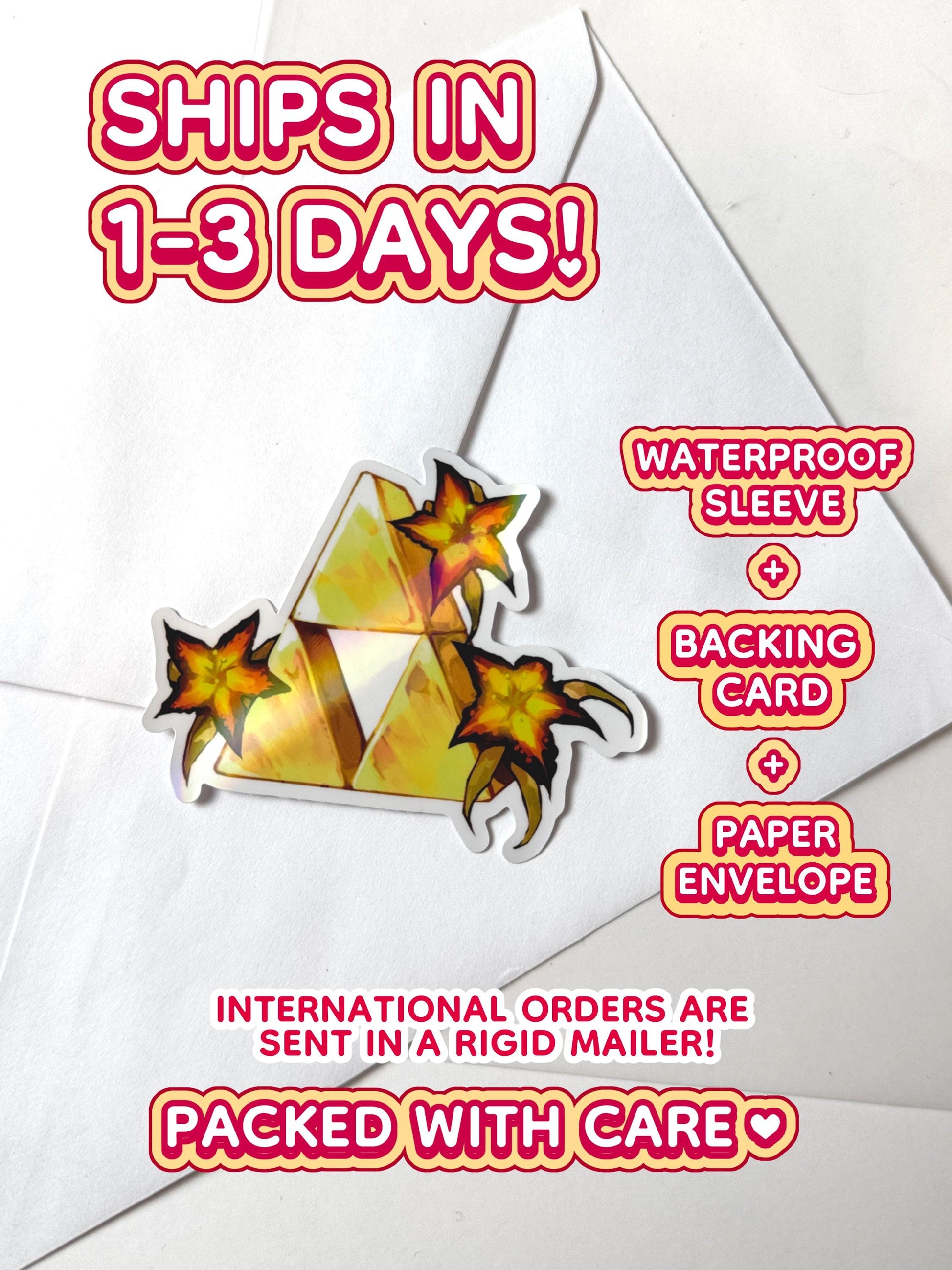 The Triforce sticker ships in 1 to 3 days, waterproof sleeve, backing card, and paper envelope.