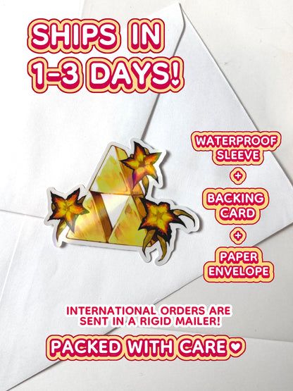 The Triforce sticker ships in 1 to 3 days, waterproof sleeve, backing card, and paper envelope.