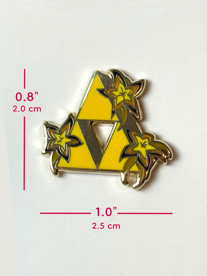 The triforce pin measures 0.8 inches tall or 1 inches wide.