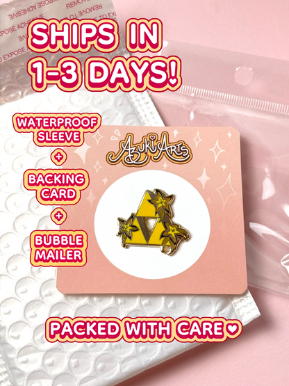 The triforce pin ships in 1 to 3 days in a waterproof sleeve, backing card, and bubble mailer.