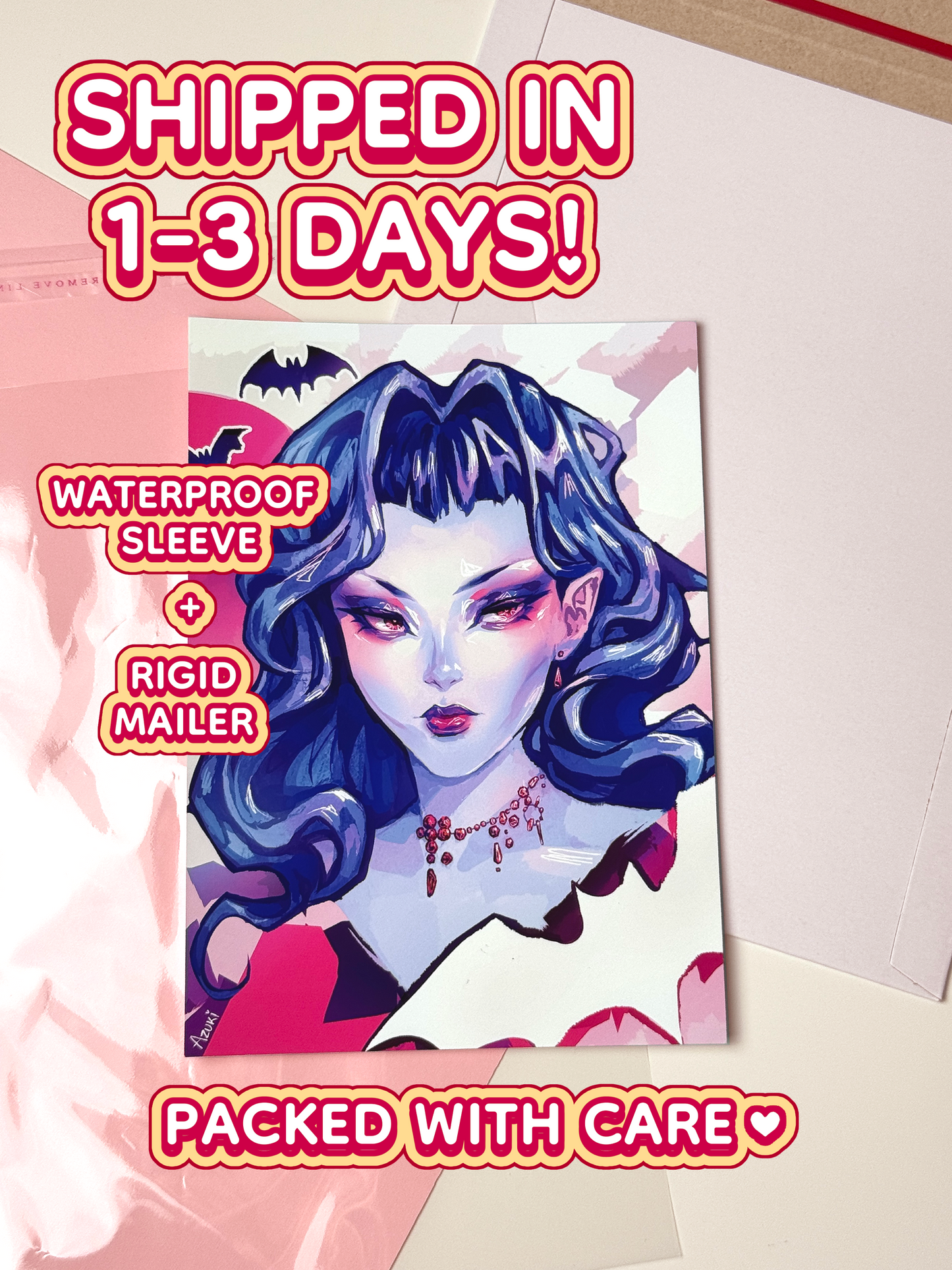 The Vamp print ships in 1 to 3 days in a waterproof sleeve and rigid mailer.