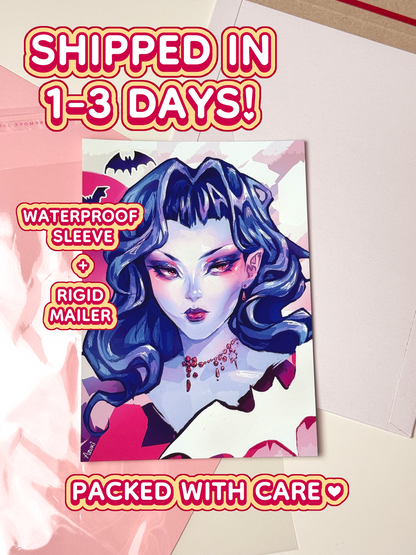 The Vamp print ships in 1 to 3 days in a waterproof sleeve and rigid mailer.