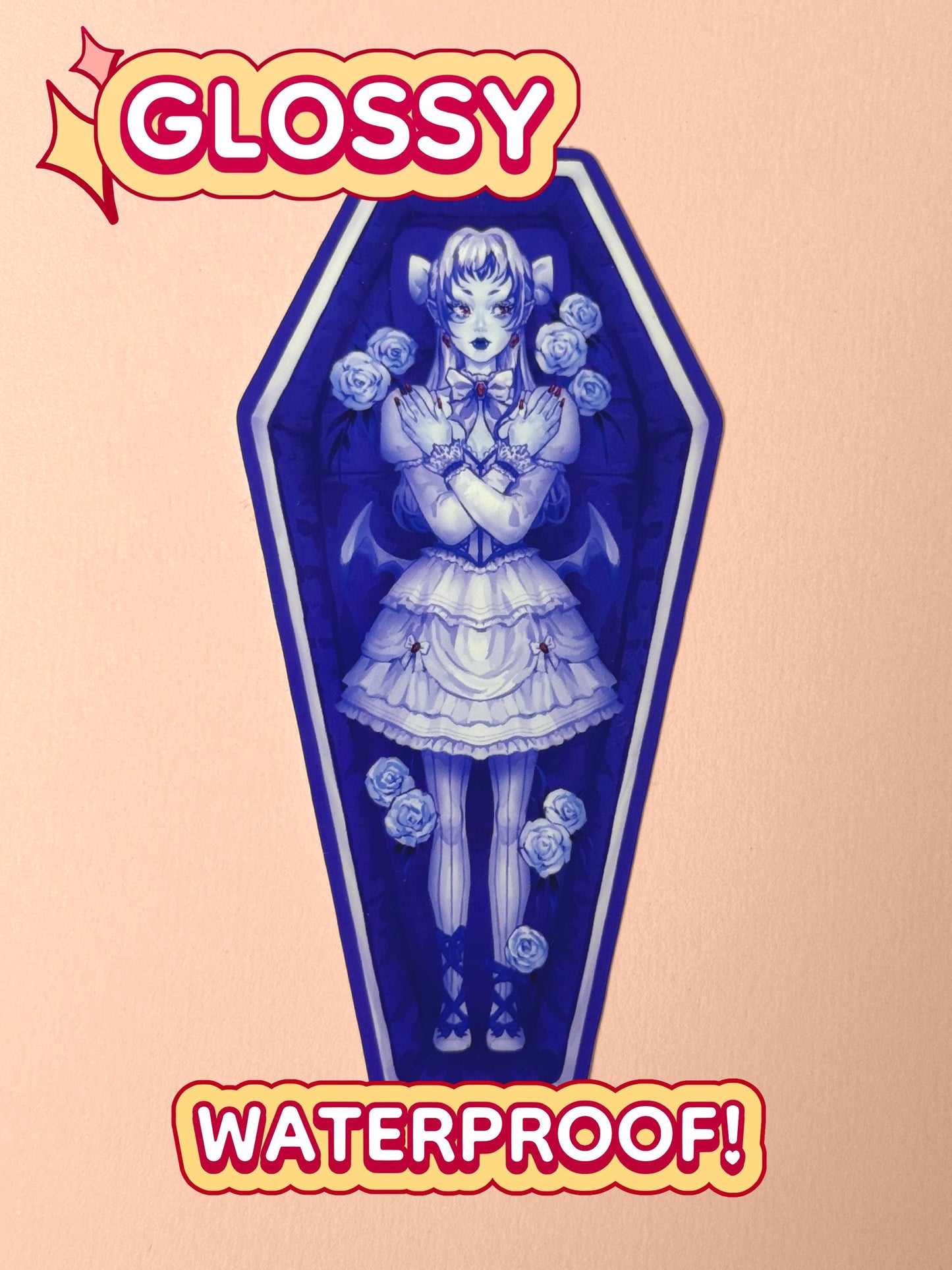 The vampire coffin girl sticker is glossy and waterproof.