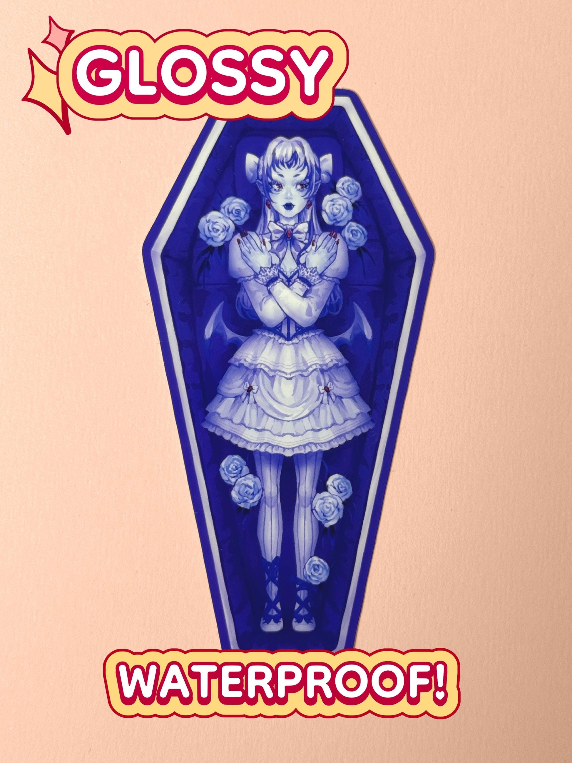 The vampire coffin girl sticker is glossy and waterproof.