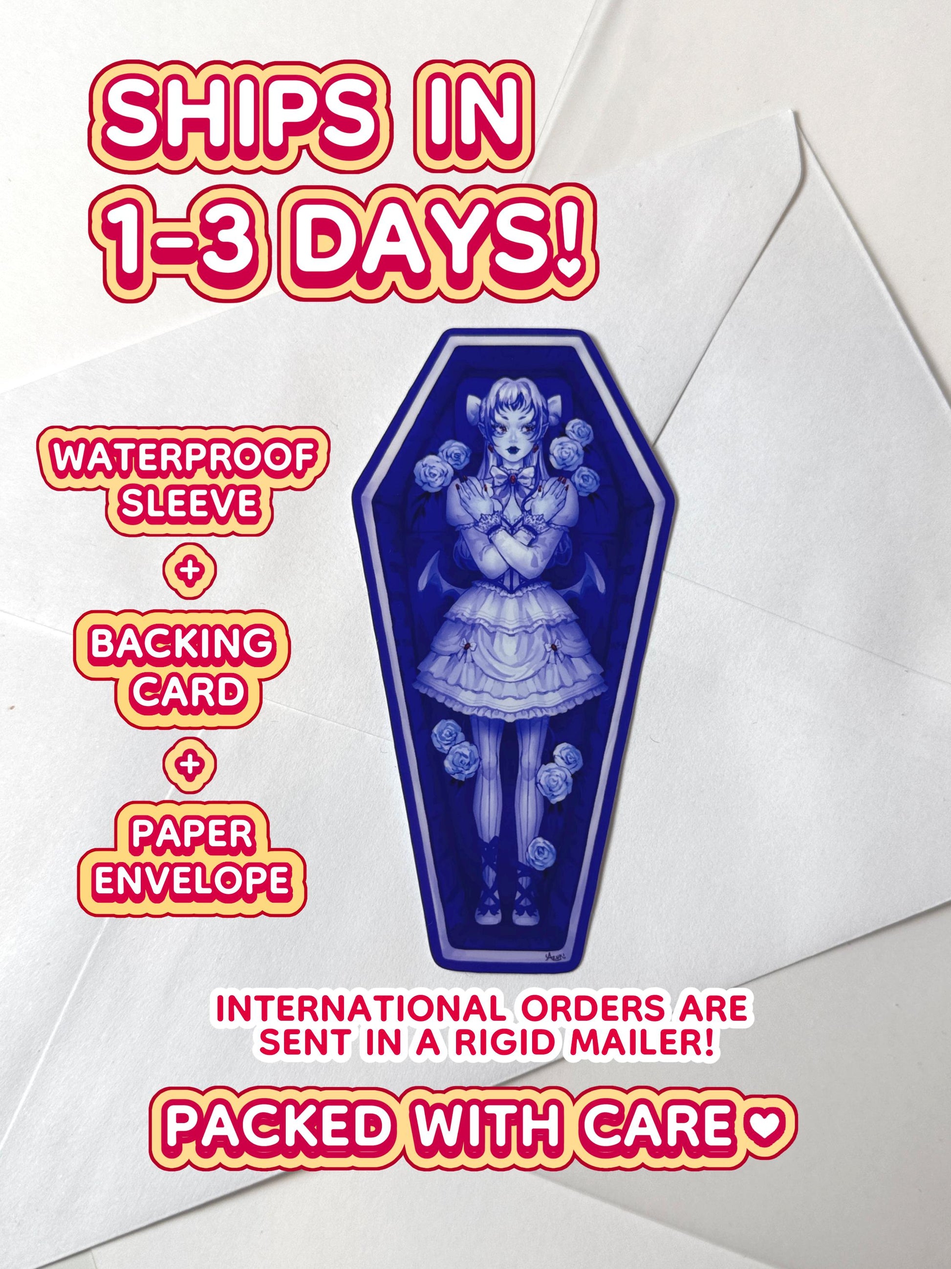The vampire coffin girl sticker ships in 1 to 3 days in a waterproof sleeve, backing card, and paper envelope.