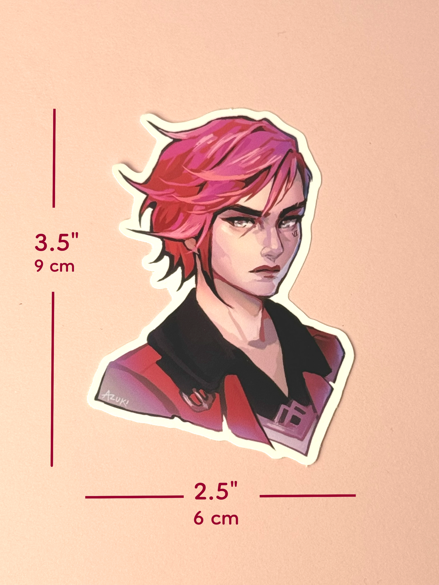 The Vi sticker measures 3.5 inches tall and 2.5 inches wide