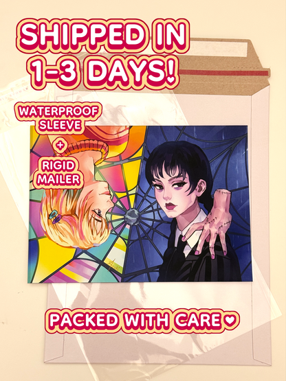 The Wednesday and Enid print ships in 1 to 3 days in a waterproof sleeve and rigid mailer.