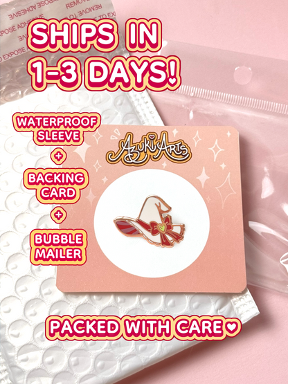 The witch hat pin ships in 1 to 3 days in a waterproof sleeve, backing card, and bubble mailer