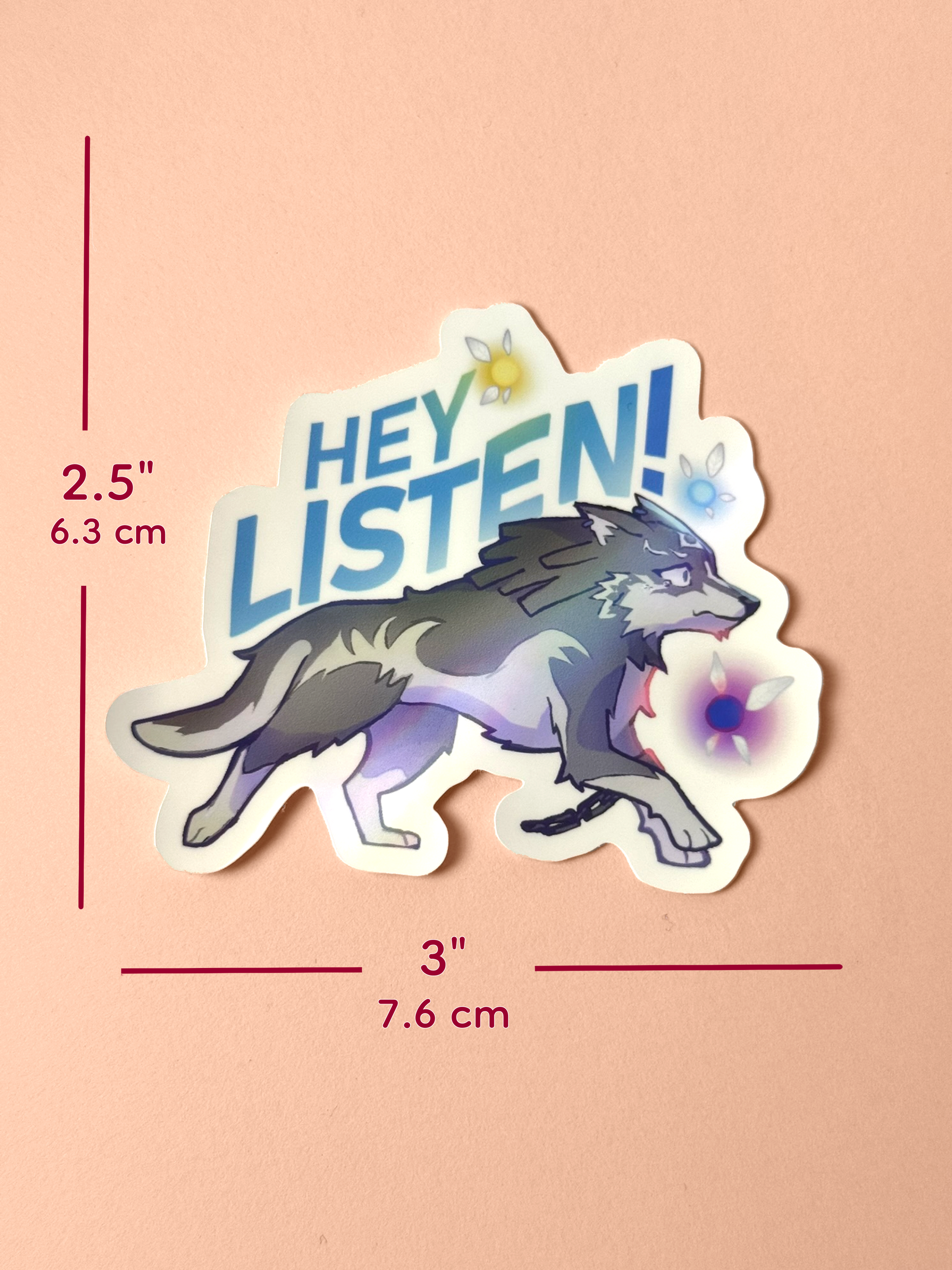 The Wolf Link sticker measures 2.5 inches tall and 3 inches wide.